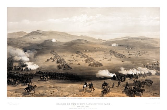 The charge of the Light Brigade, October 1854; The 4th (Queen's Own) Light Dragoons were in the second line of cavalry (in the middle of the picture) on the right flank (towards the back of the picture)